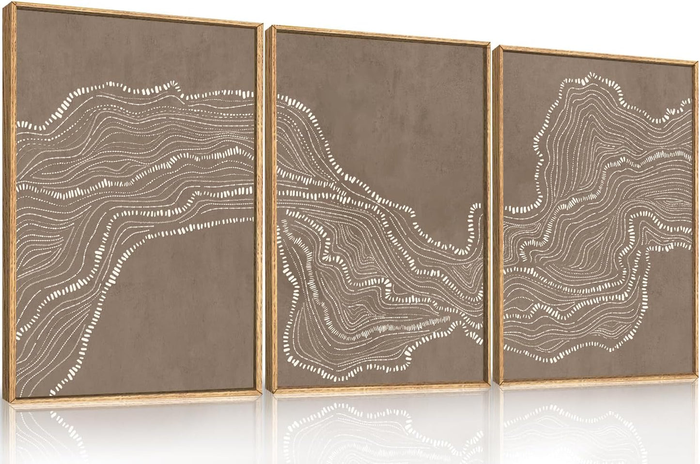 Geometric White Tan Wave Framed Canvas Wall Art Set, Abstract Line Art Painting, Modern Minimalism