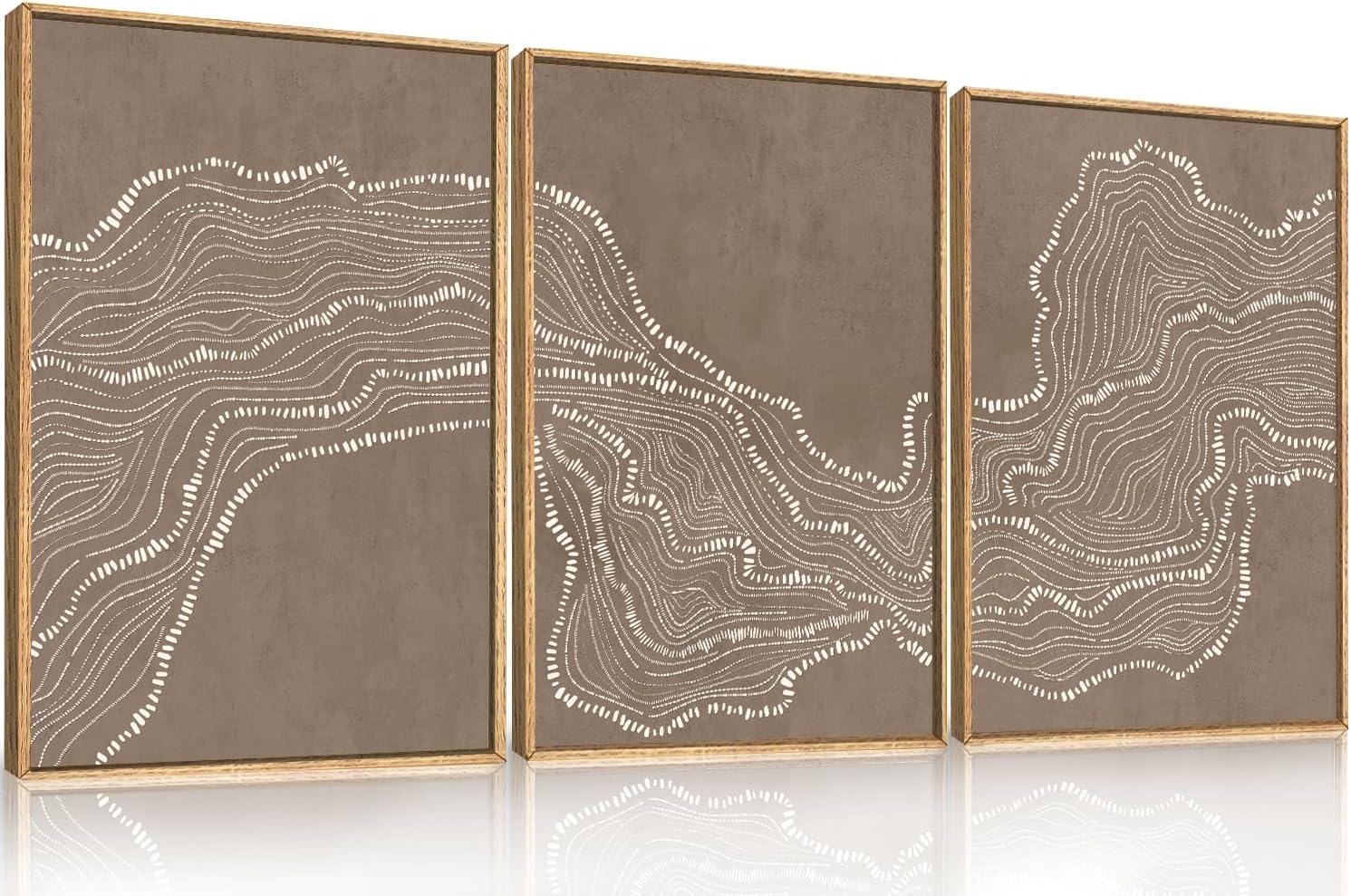 Geometric White Tan Wave Framed Canvas Wall Art Set, Abstract Line Art Painting, Modern Minimalism