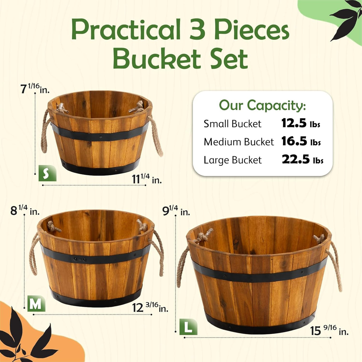 IDZO Set of 3 Wooden Flower Boxes Outdoor, Durable Acacia Wood Barrel Planters for Outdoor Plants