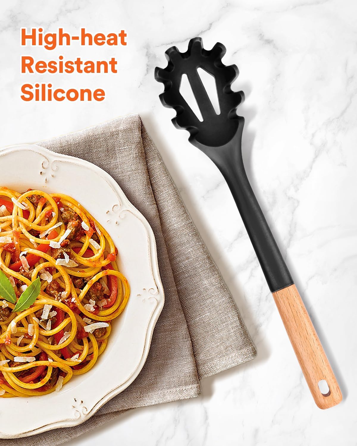 Silicone Pasta Fork, Kitchen Heat Resistant Noodle Spoon Server, BPA Free Spaghetti Strainer,12.8