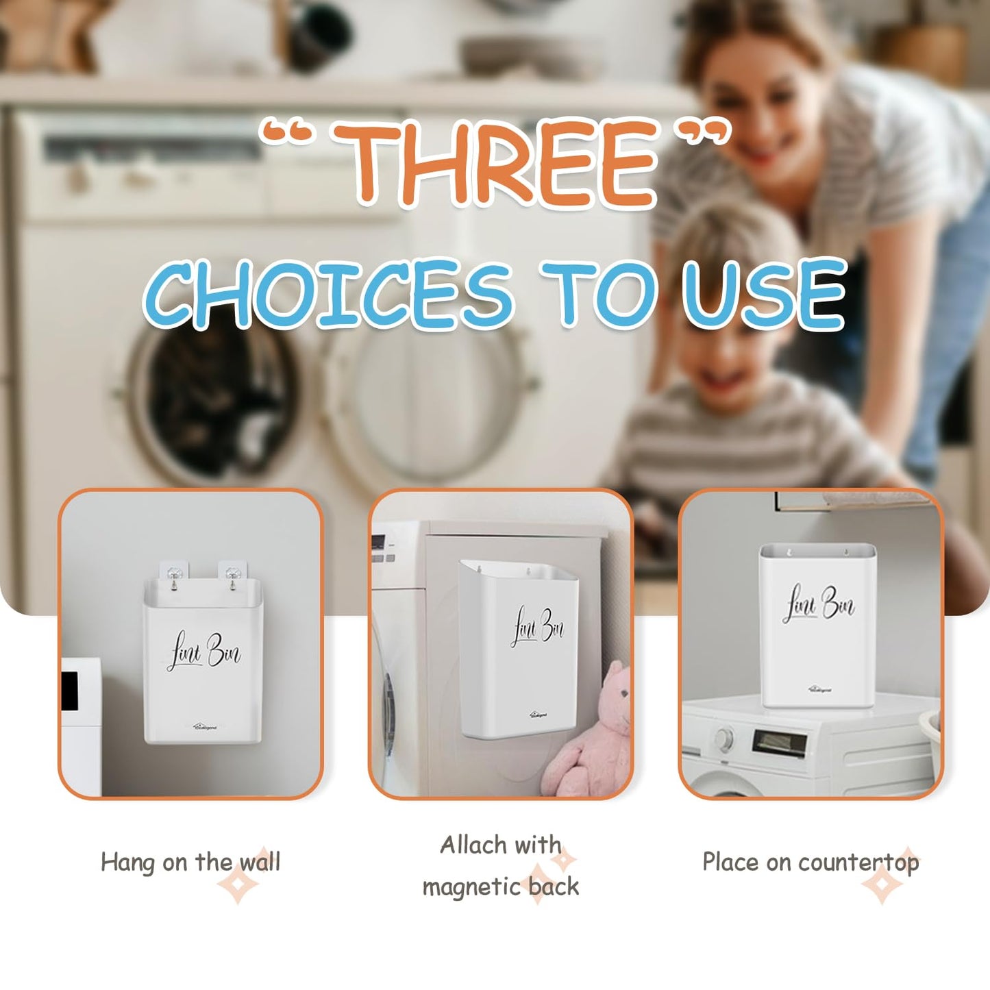 Sealegend Magnetic Lint Bin for Laundry Room with Dryer Lint Brush, Wall Mounted Trash Can