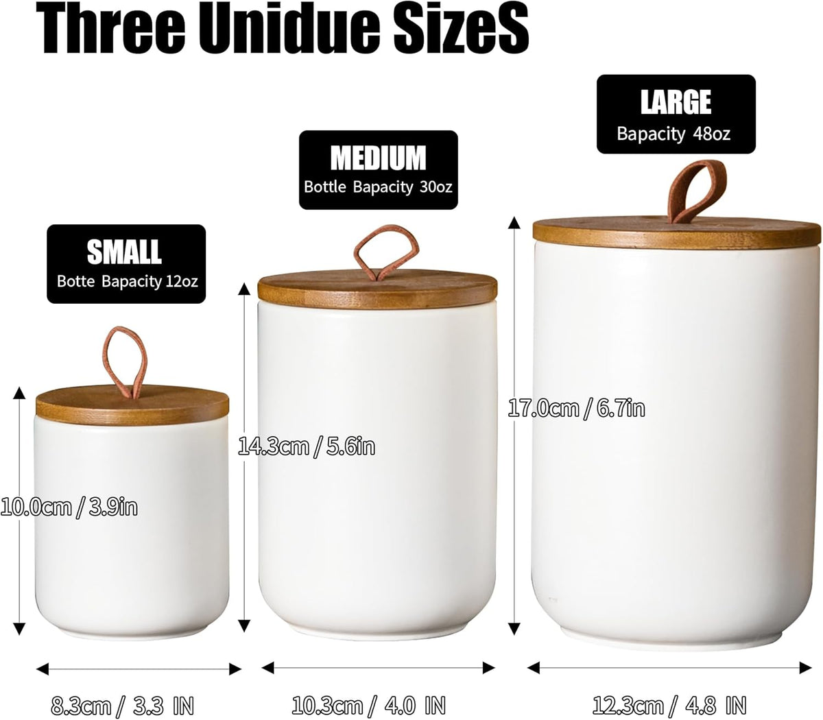 JOJUNO White Ceramic Canister Set with Wooden Lid, 3-Piece Airtight Food Storage Jars for Kitchen
