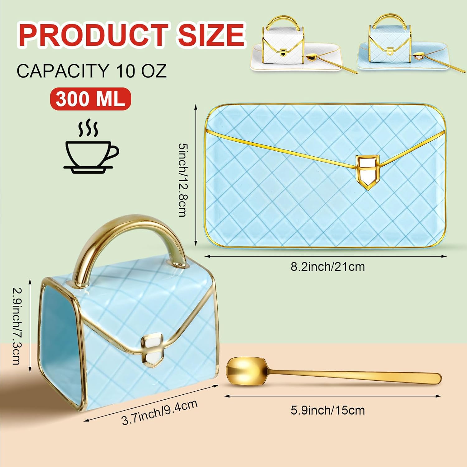 Zubebe 2 Sets Coffee Mug Elegant Handbag Shaped Cup Modern Ceramic Purse Mug with Spoon and Saucer