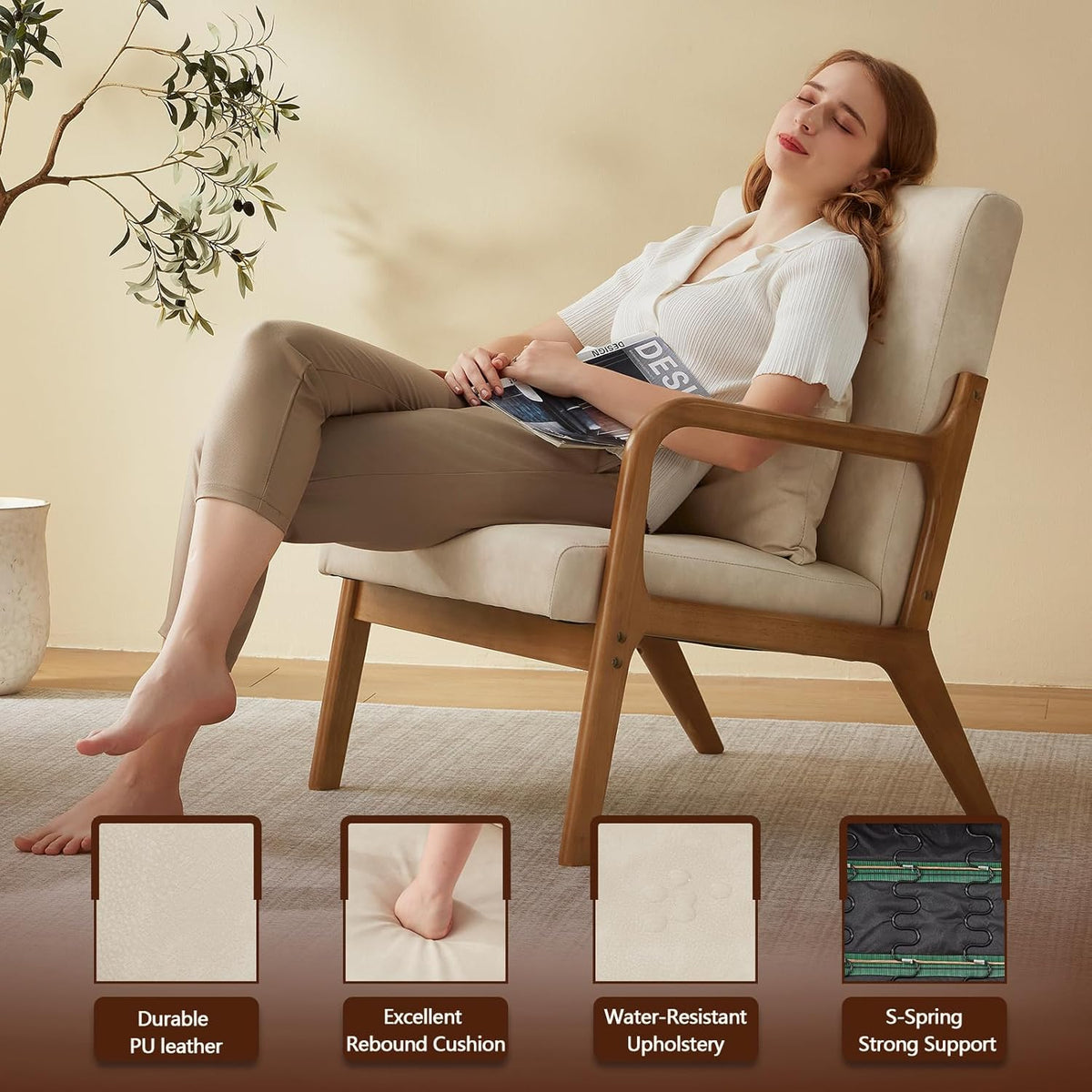 Accent Chair Mid Century Modern Armchair with Lumbar Support Pillow Wood Legs PU Leather
