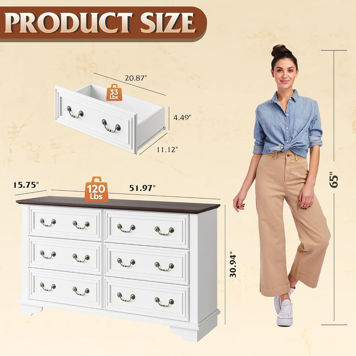 WLIVE Farmhouse Dresser for Bedroom, 51.97'' Wide Wood White Dresser with 6 Drawer, Chest of