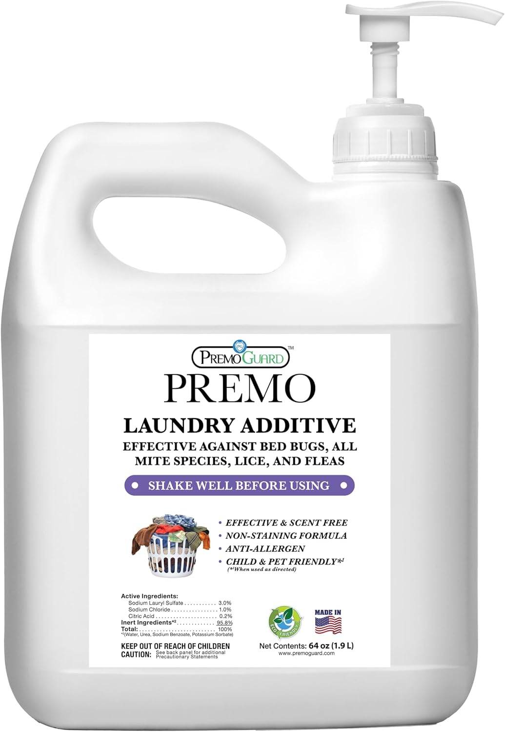 Premo Guard Bed Bug, Mite & Lice Laundry Detergent Additive 64 oz – Child & Pet Friendly – Stain &
