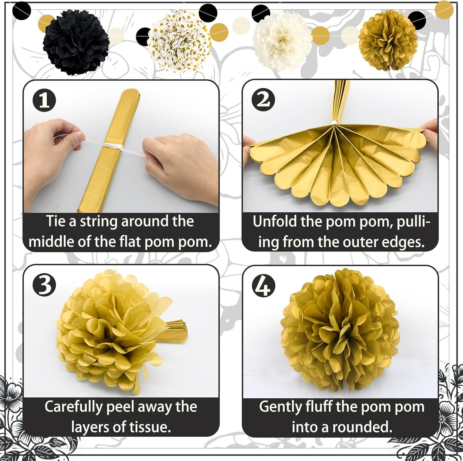 Black and Gold Party Decorations, 16 PCS Tissue Paper Pom Poms Dots Paper Garland Kit for New Year