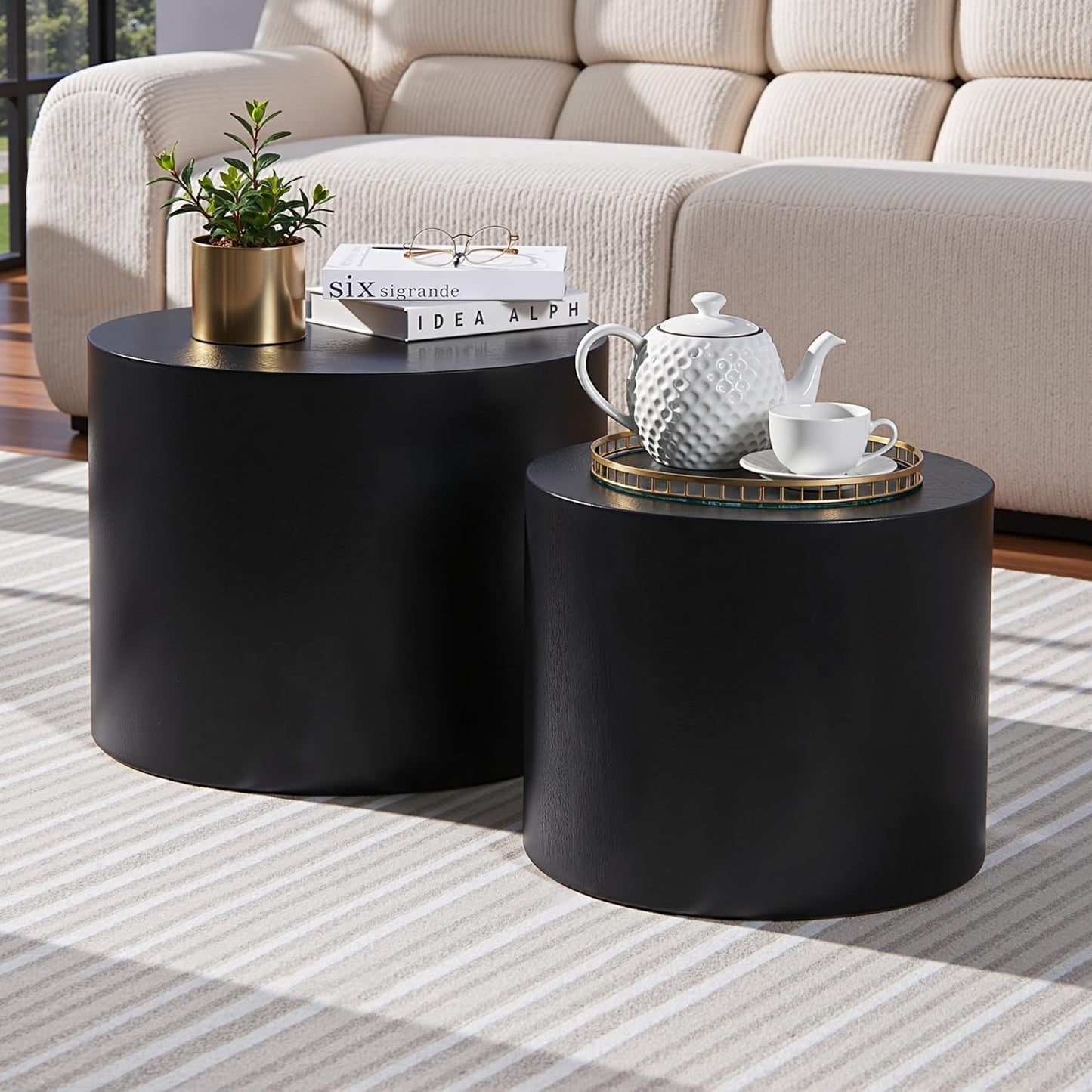 Nesting Coffee Table Set of 2, Modern Round Coffee Table with Non-Slip Feet, Wooden Circle Accent