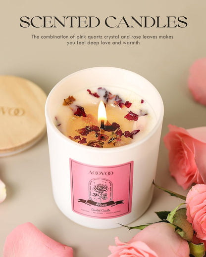 AOOVOO Rose Scented Candles for Women - Aromatherapy Candle with Crystals Inside, 10oz Soy Candles