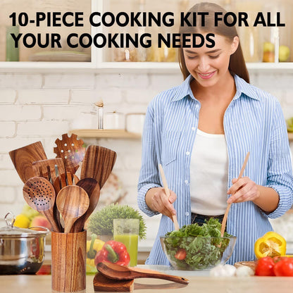 Wooden Spoons for Cooking 10 Pieces Set, Teak Kitchen Utensils Spatula, Wooden Cooking Utensils