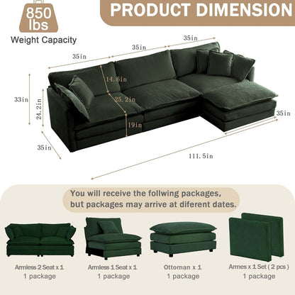 Sectional Sofa 3 Seater with Movable 1 Ottoman,Oversized Modular Couch Deep Seat (Green, 111.5