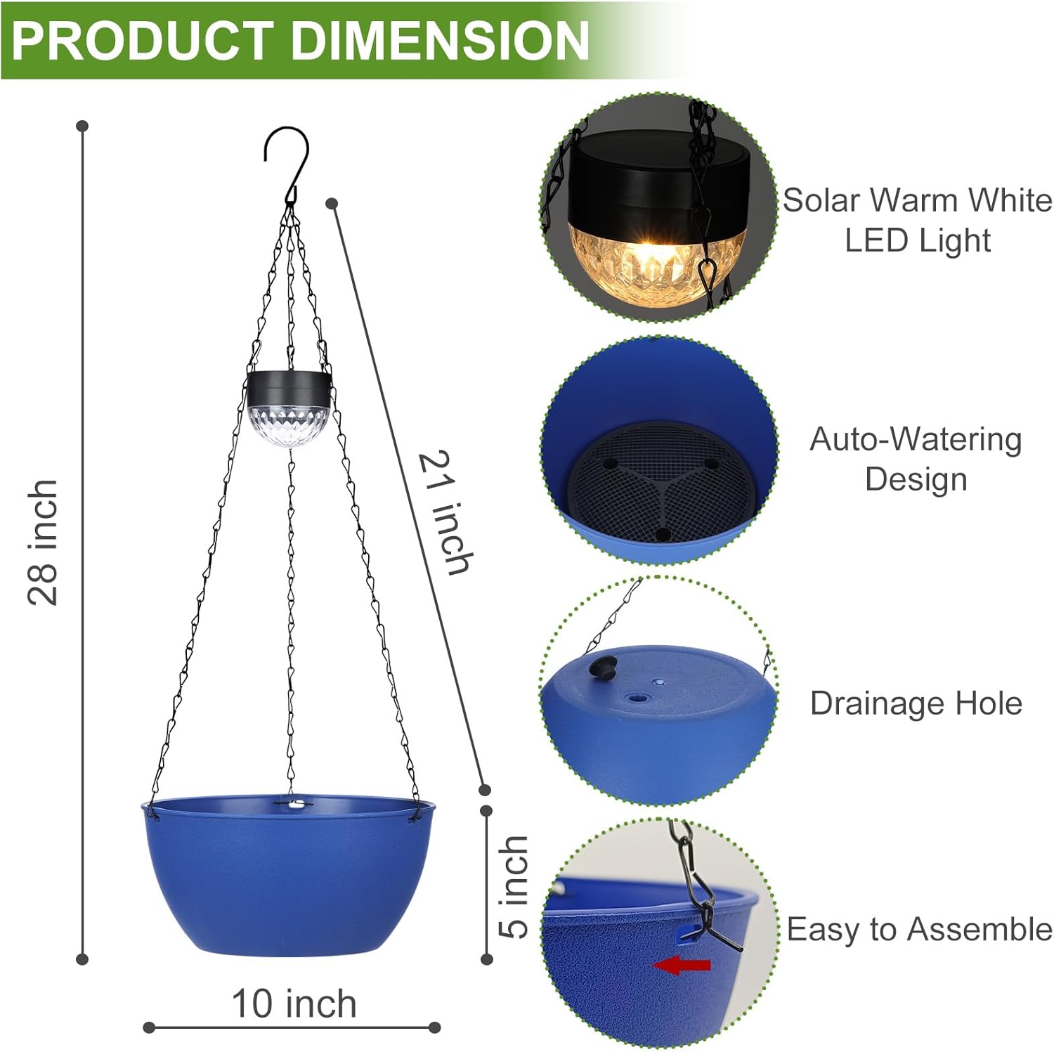 2 Packs Solar Hanging Basket Planters for Plants Outdoor, Self Watering Blue Flower Plants Pots