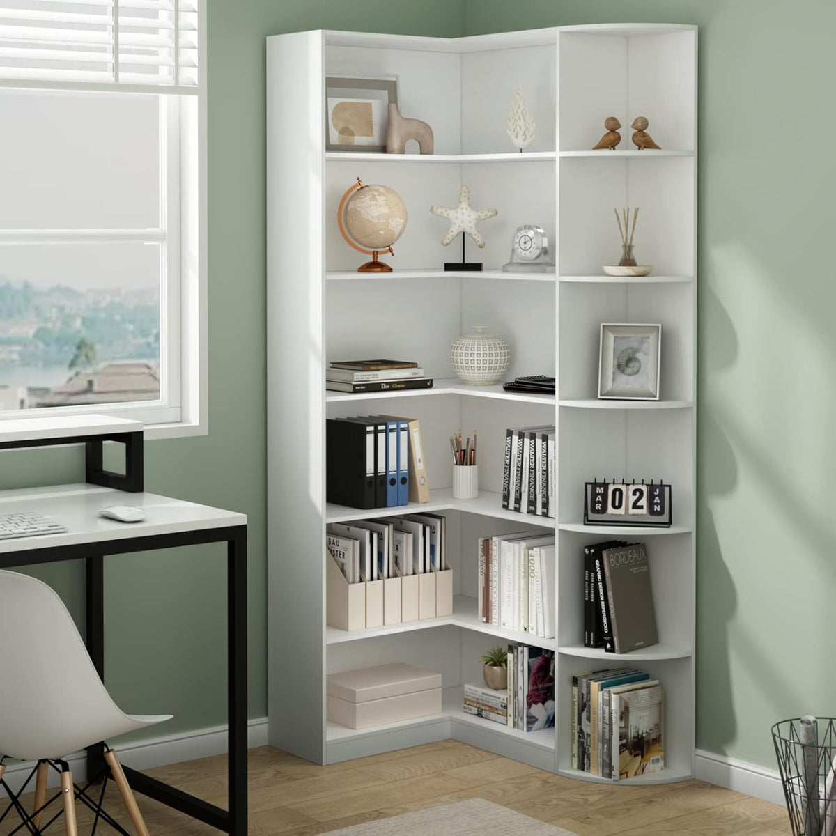 Loomie White Book Shelf, 6 Tiers Shelf Large Tall Corner Etagere Bookcase with Full Baffle