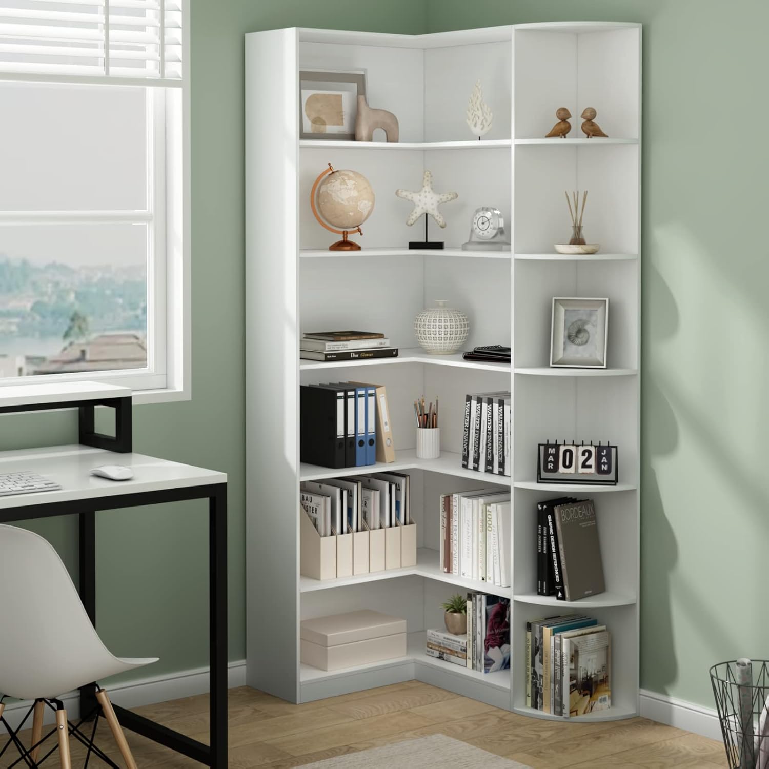 Loomie White Book Shelf, 6 Tiers Shelf Large Tall Corner Etagere Bookcase with Full Baffle