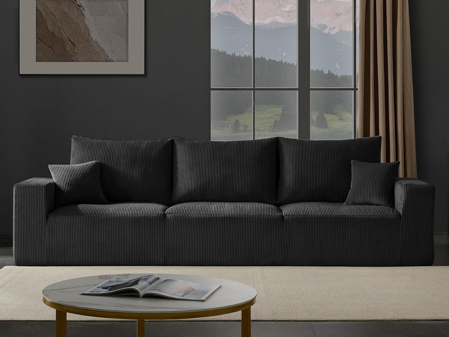 Boneless Cloud Couch Sofa for Living Room, 112" 3 Seater Black Modern Lounge Sleeper Couch, No
