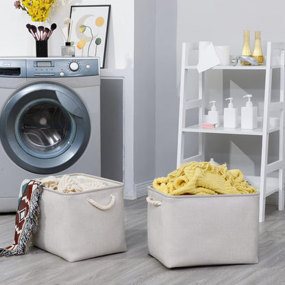 Bidtakay Large Fabric Storage Bins Beige Linen Closet Organizers Set of 2 Baskets for Shelves