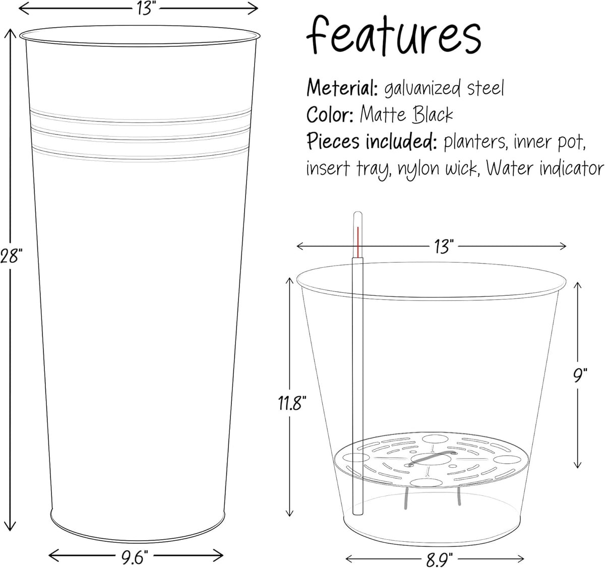 KOL 28'' Tall Galvanized Steel Planter Pot - Flower Pot with Water Level Indicator for Plants