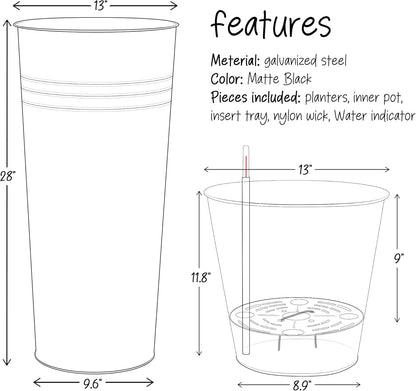 KOL 28'' Tall Galvanized Steel Planter Pot - Flower Pot with Water Level Indicator for Plants