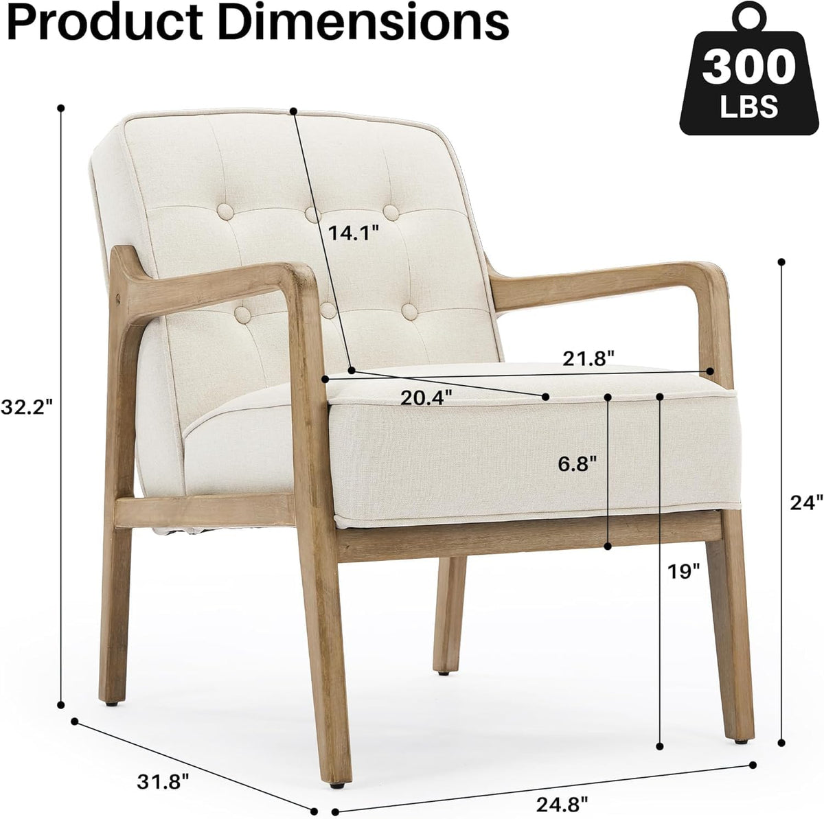 Linen Accent Chair Set of 2, Mid Century Modern Chair for Living Room, Upholstered Comfy Lounge