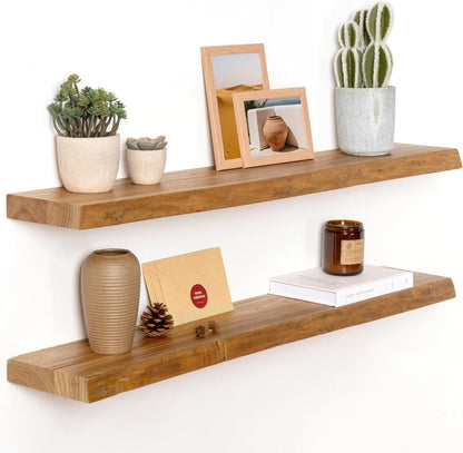 Solid Elm Wood Floating Shelves, 36 Inch Wood Floating Shelves for Wall, Live Edge Wooden Shelves