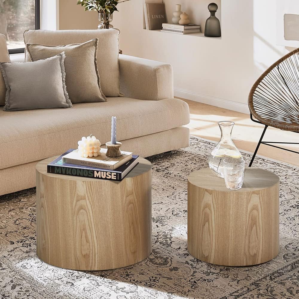 WILLIAMSPACE Nesting Coffee Table Set of 2, Round Wooden Coffee Tables Circle Modern Table for