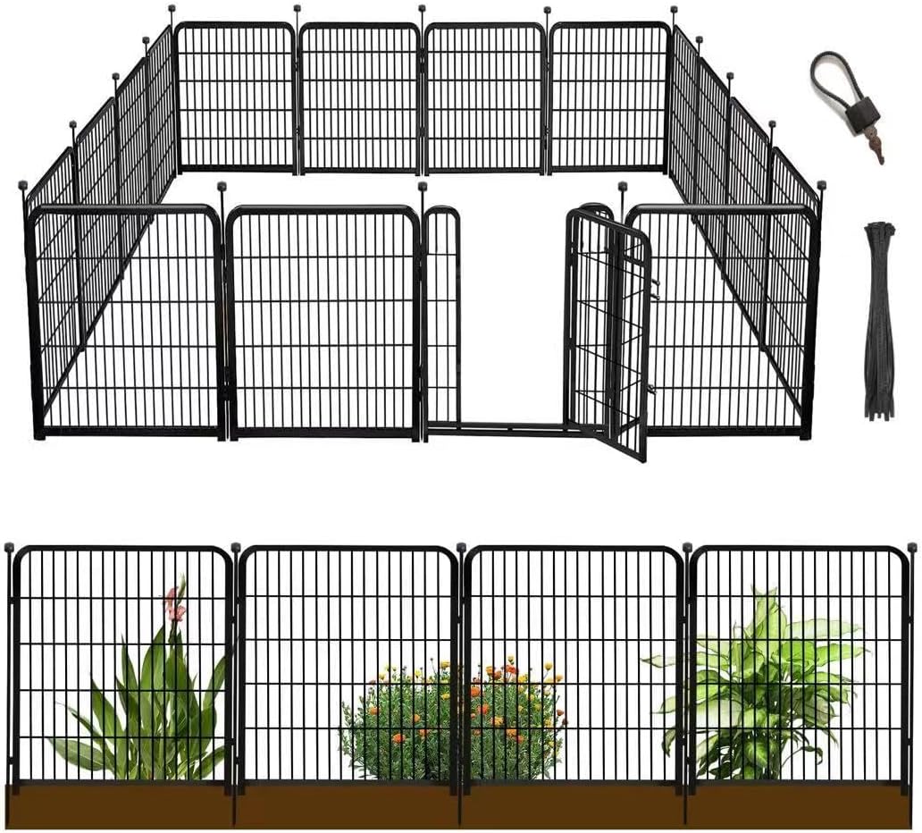 36 in(H) Garden Fence, Wide Gate Low Threshold, 10 Panels Total 22.1 Ft(L) Heavy Duty Iron Animal