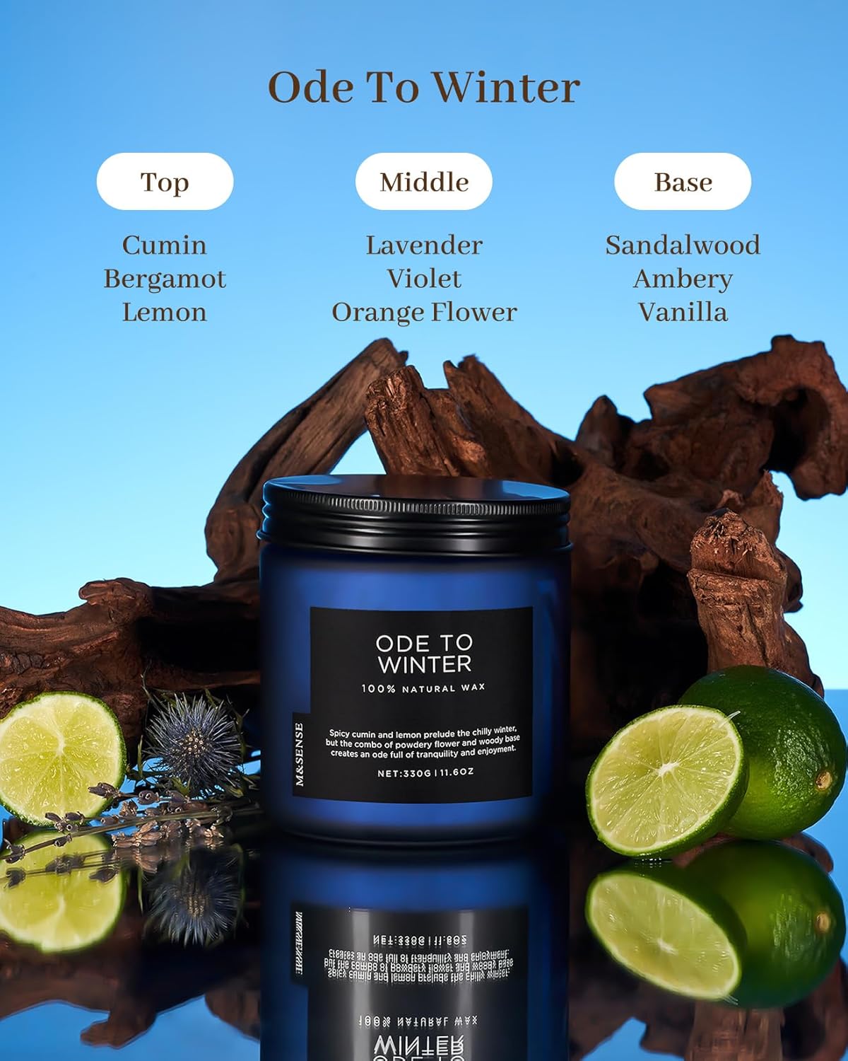 M&SENSE Ode to Winter - Lavender Sandalwood Scent 11.6oz Natural Soy Wax Non Toxic Candle, Up to 70
