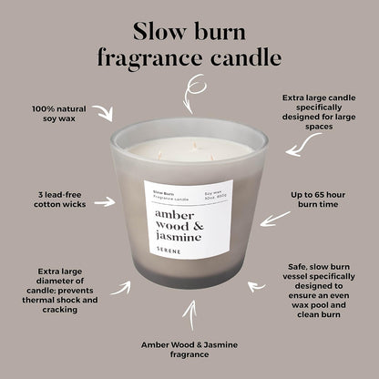 Hidden Label Large Scented Candle, Amber Wood & Jasmine, 30oz 3 Wick Huge Candle, Serene Collection
