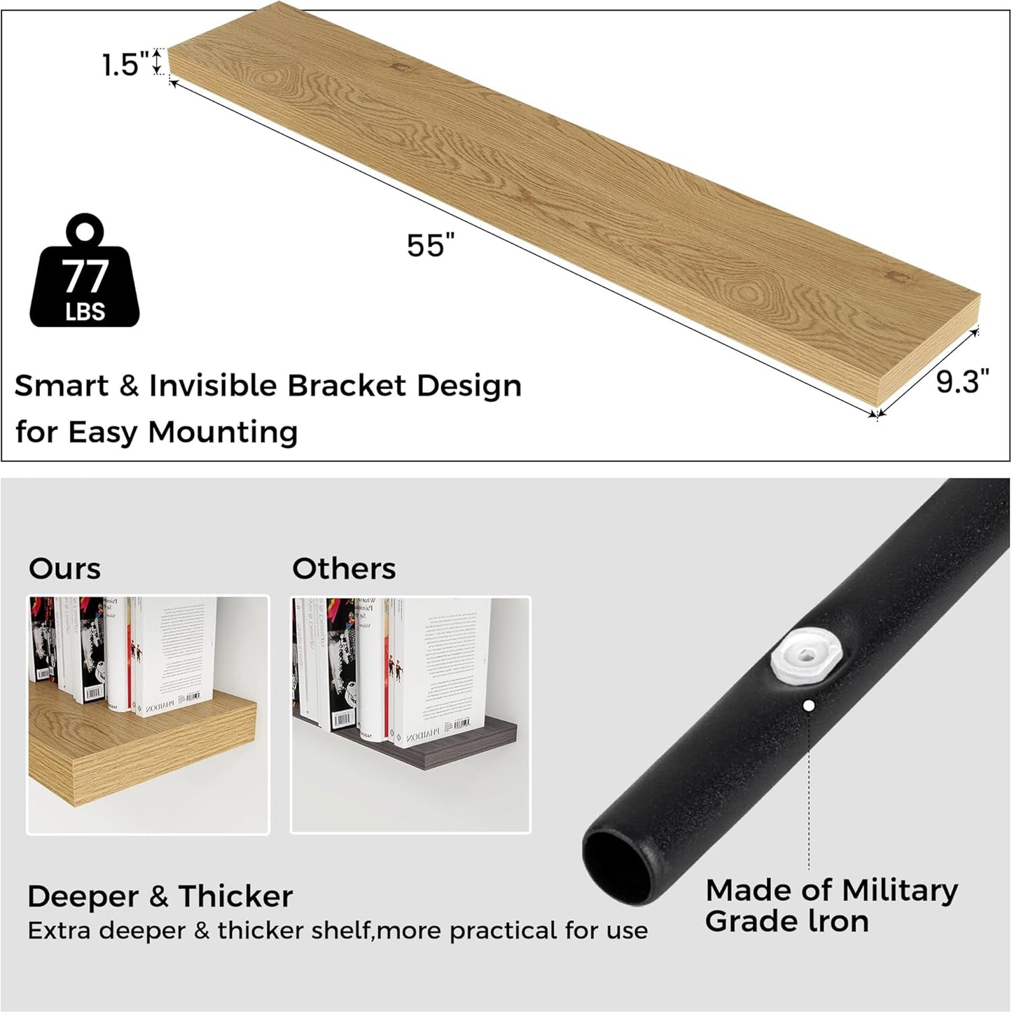 Floating Shelves for Wall, Large Wall Mounted Shelves with Invisible Brackets, Long Wood Floating