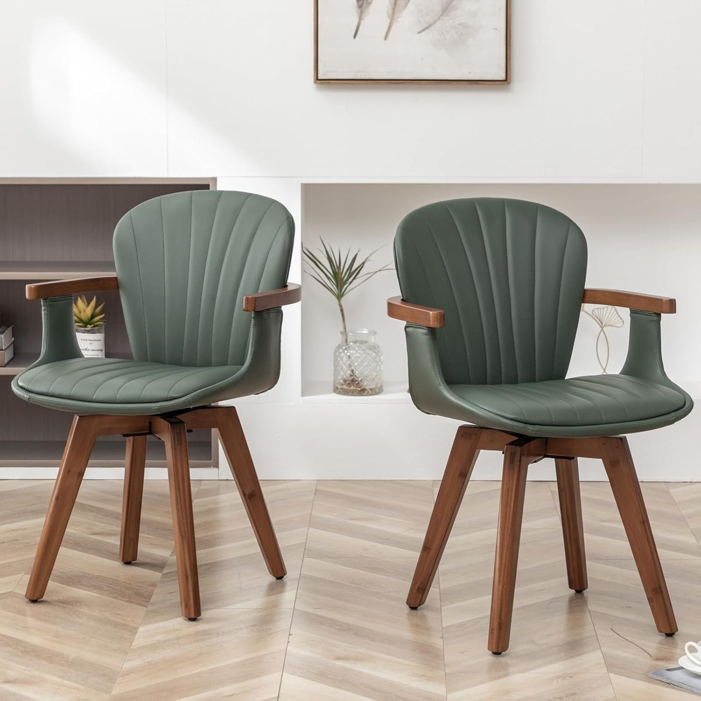 LUNLING Swivel Dining Chairs, Mid Century Modern Green Faux Leather Kitchen Chairs with Arms,Bamboo