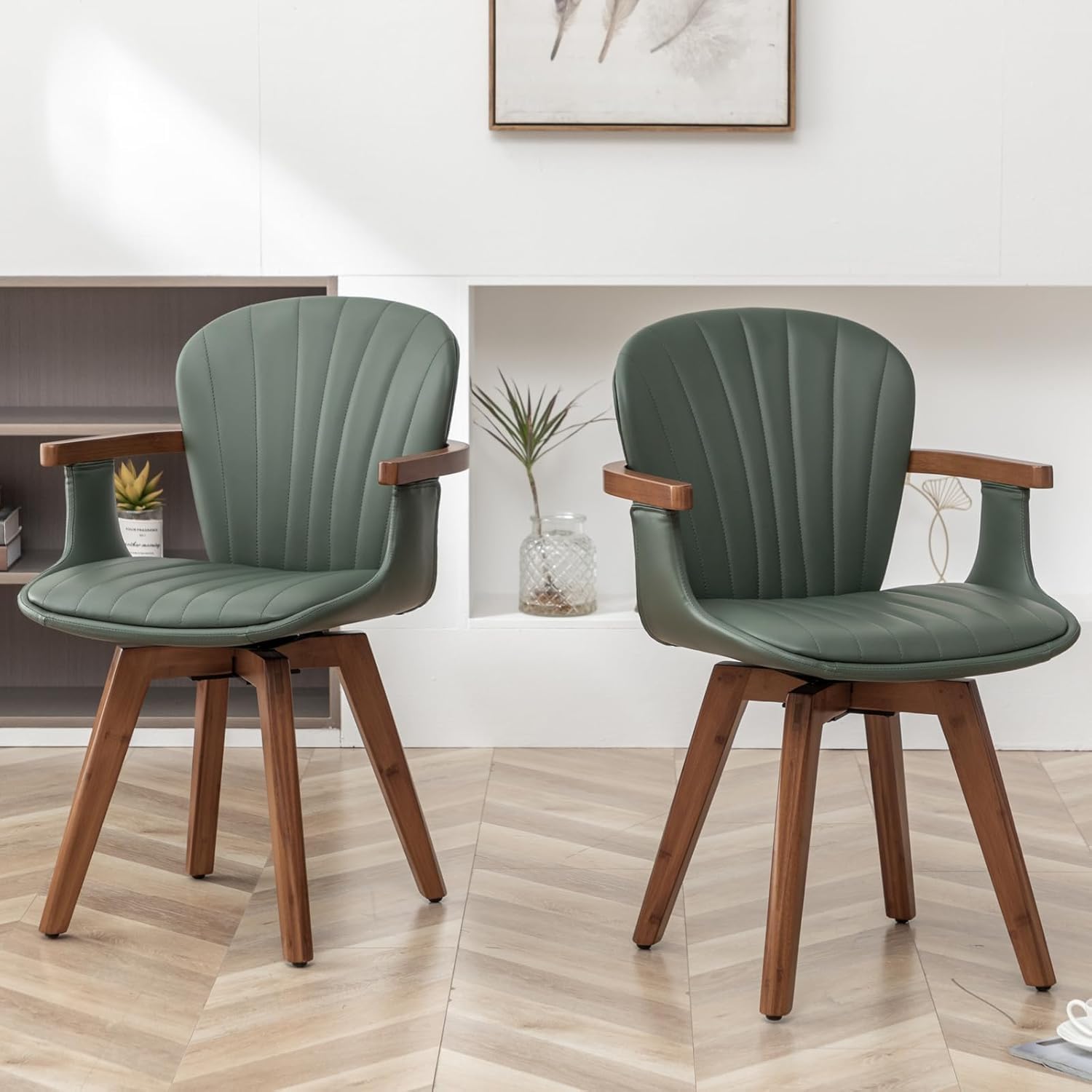 LUNLING Swivel Dining Chairs Set of 4, Mid Century Modern Green Faux Leather Kitchen Chairs with