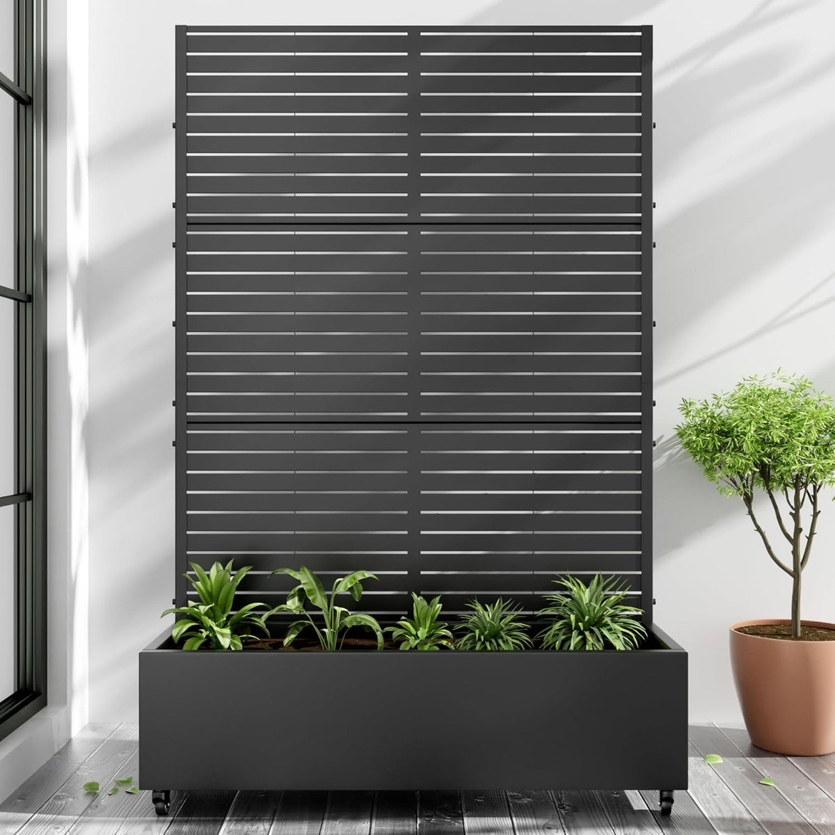Casaphoria Metal Raised Garden Bed with Trellis and Wheels, 72"x47"x16" Planter Box for Climbing