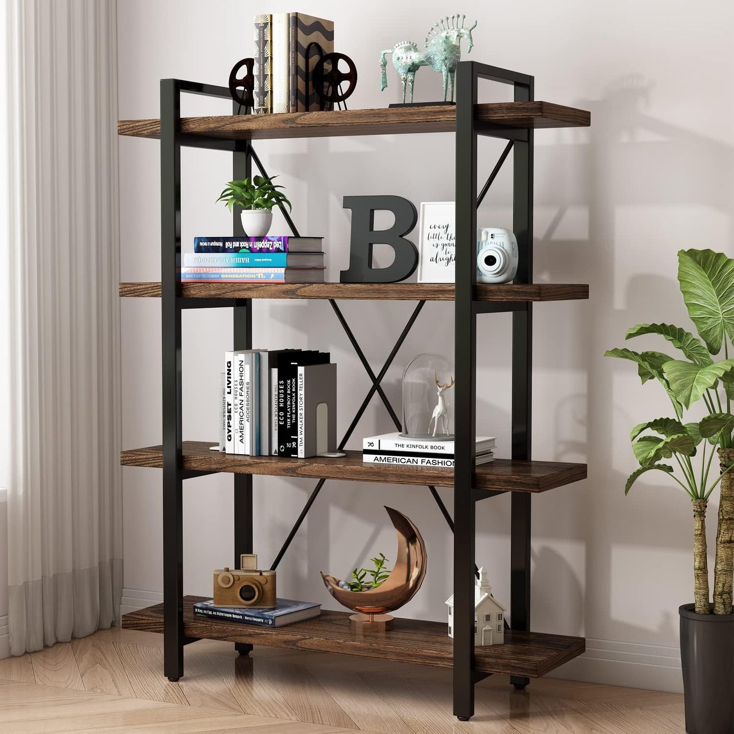 4 Tier Bookshelf Solid Wood Bookcase and Book Shelves Wood and Metal Shelving Rustic Open Bookshelf