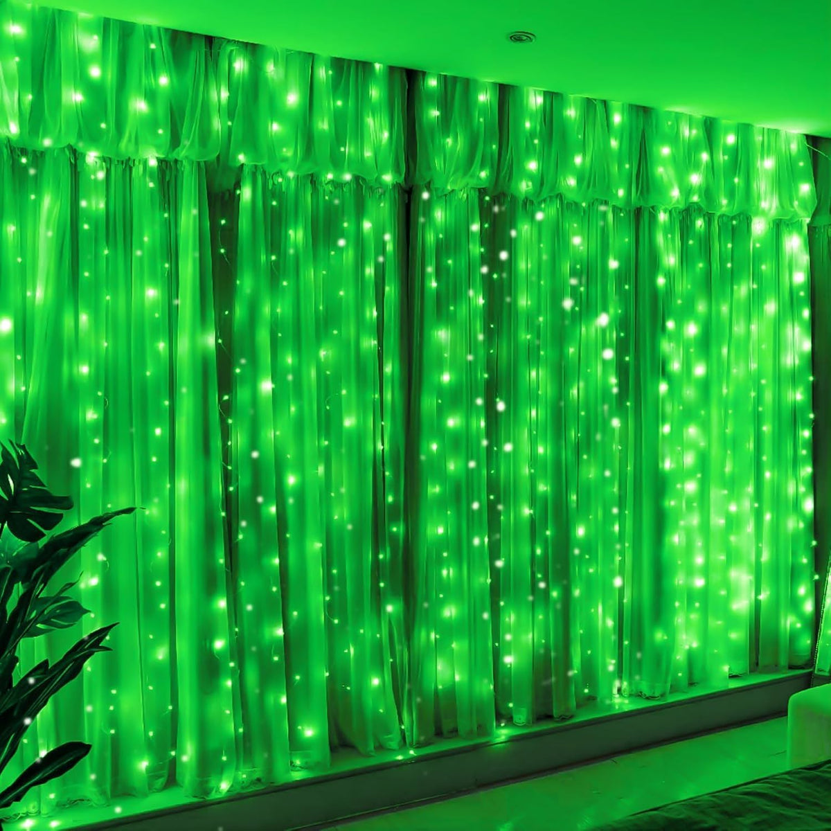 HXWEIYE 300LED Green Fairy Curtain Hanging Lights with Remote 8 Modes Timer for Bedroom, 9.8x9.8Ft