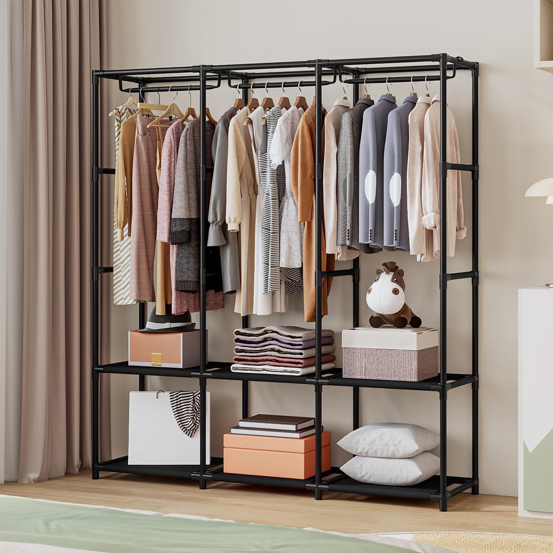 SORCEDAS Portable Closet Wardrobe Storage Organizer Metal Hanging Rack Non-Woven Fabric 50 Inch