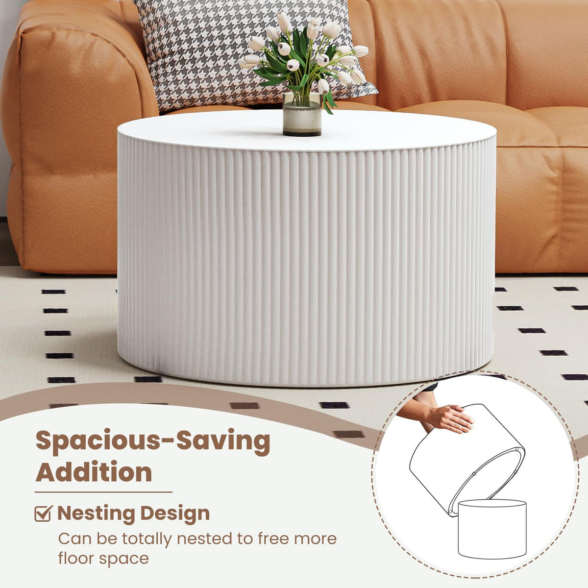 Round Nesting Coffee Table Wood Drum Nesting Tables Modern Stacking Coffee Table Set of 2 Fluted