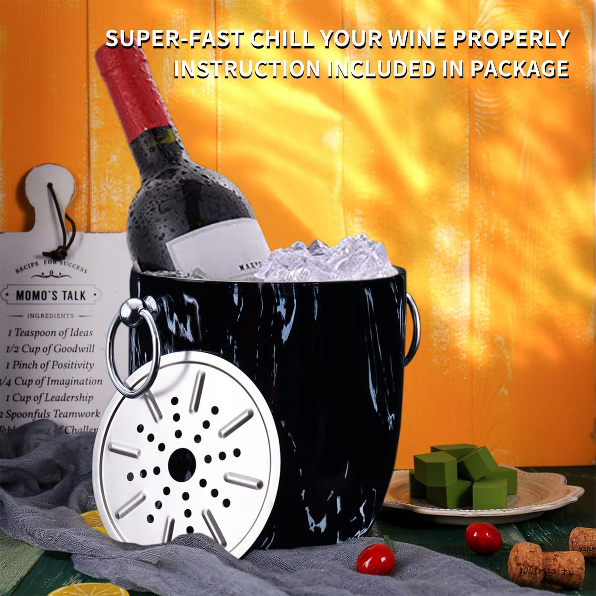 Ice Bucket with Lid, Scoop, Tongs and Strainer - Well Made Insulated Stainless Steel Keep Ice