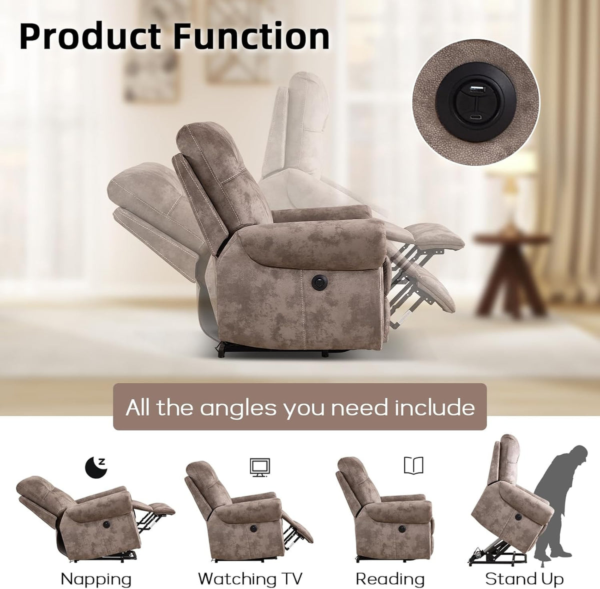 EBELLO Electric Power Recliner Chair with Massage and Heat, Soft Fabric Massage Recliner for