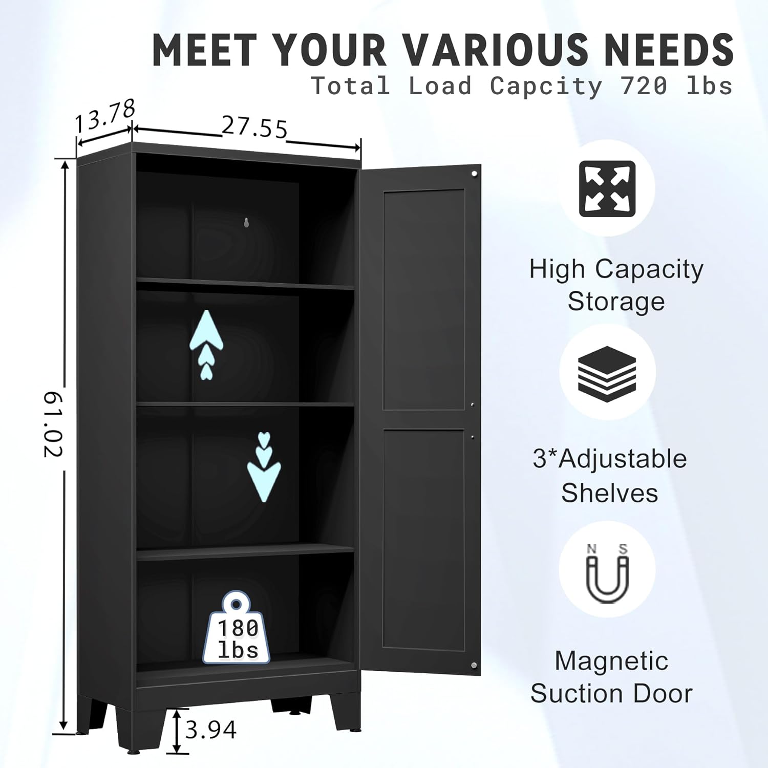 61.02" Kitchen Pantry Cabinet, Pantry Storage Cabinet with 2 Doors and Adjustable Shelves, Black