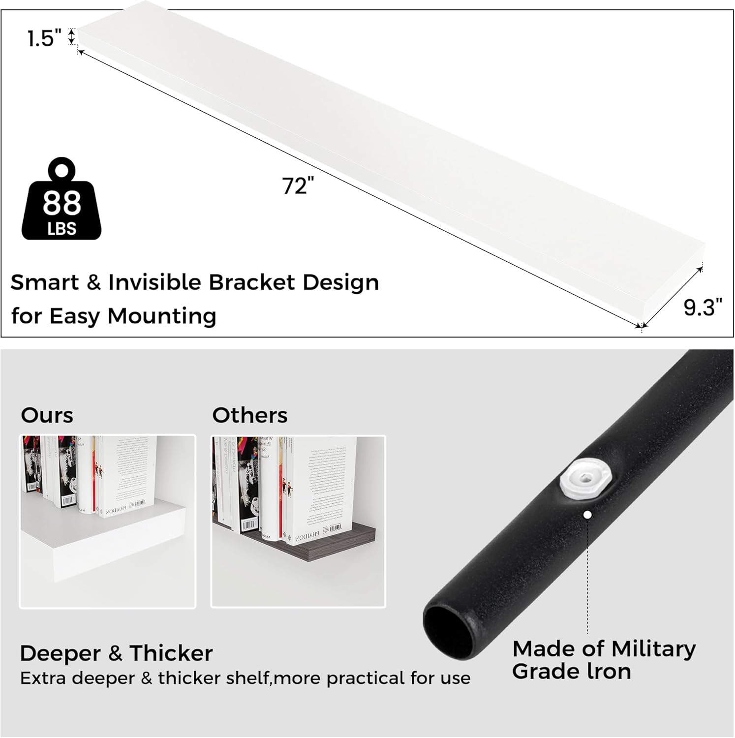 Floating Shelves for Wall, Large Wall Mounted Shelves with Invisible Brackets, Long Wood Floating