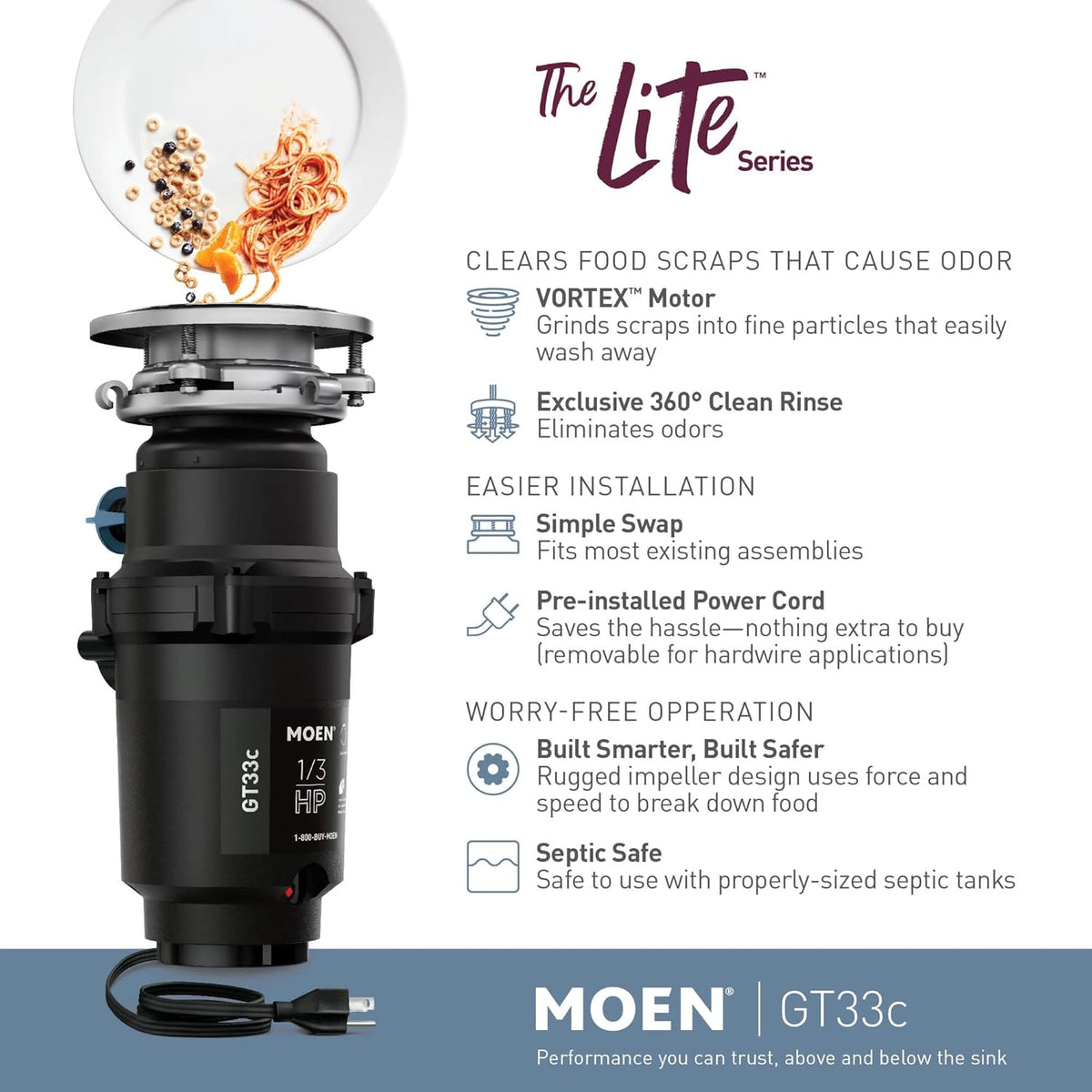Moen GT33C Lite Series 1/3 Horsepower Continous Feed Garbage Disposal featuring Fast Track