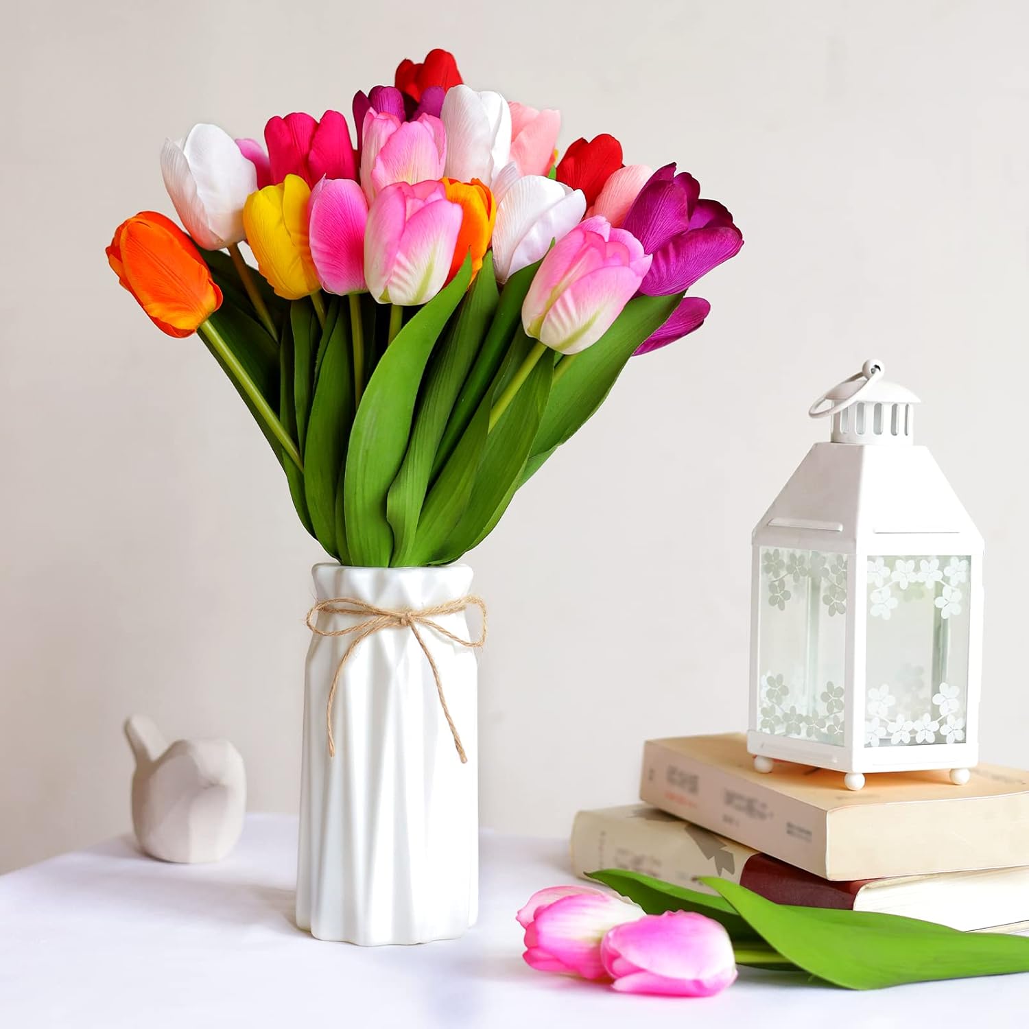 27pcs Colorful Artificial Flowers Tulips, Tulips with 1pc Plastic Vase, Fake Flowers Real Touch