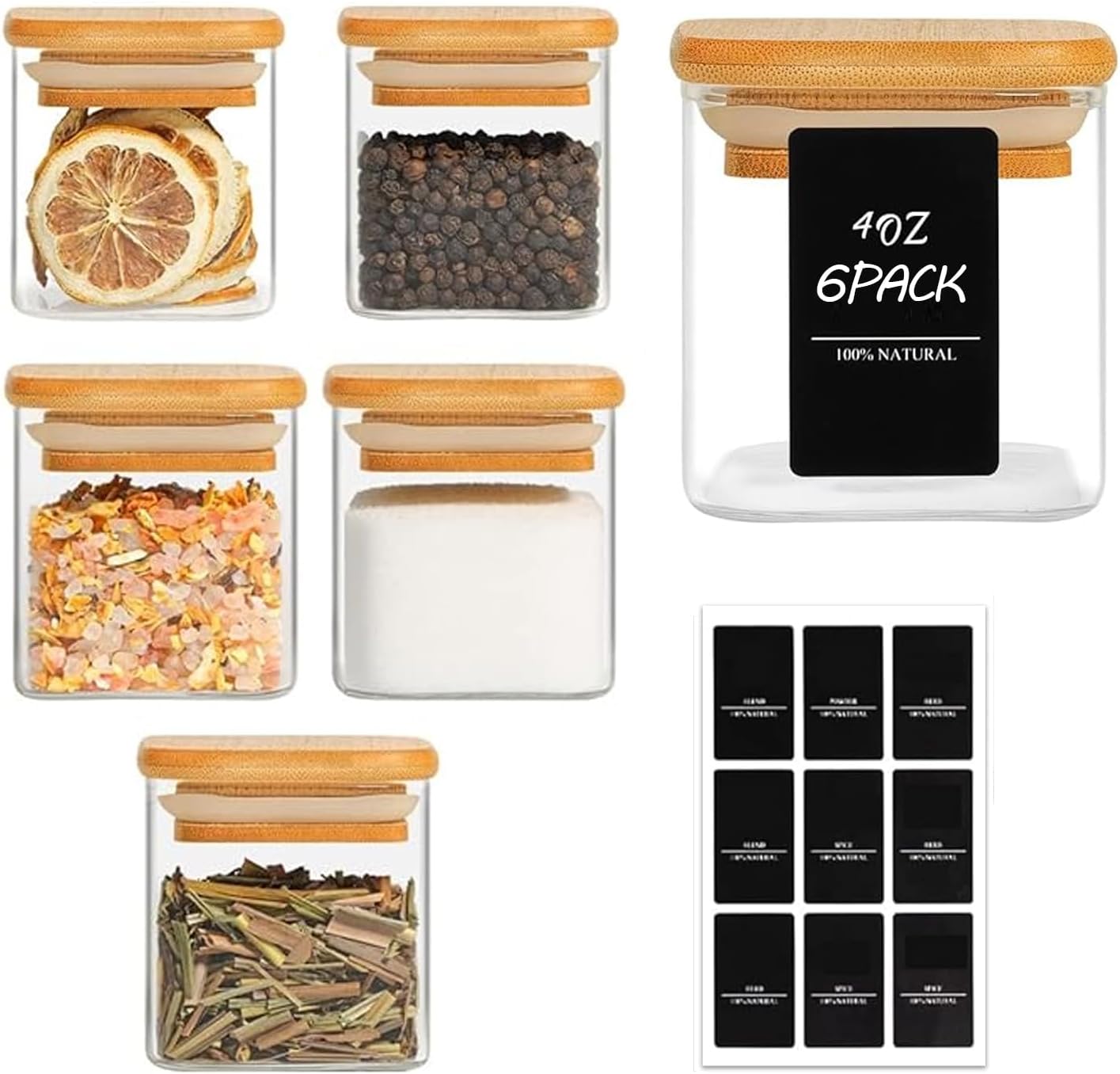 ComSaf Spice Jars with Labels 4 oz 6Pack, Small Spice Containers Starter Set, Glass Seasoning Jars