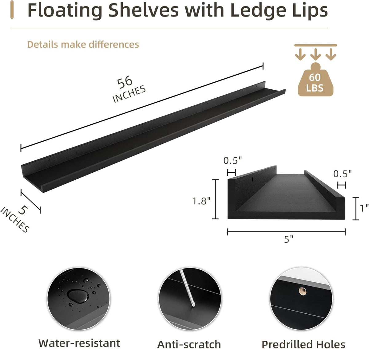 Picture Ledge Shelf, Wood Long Floating Shelves for Wall, Set of 2, 56 inch Picture Ledge Shelves