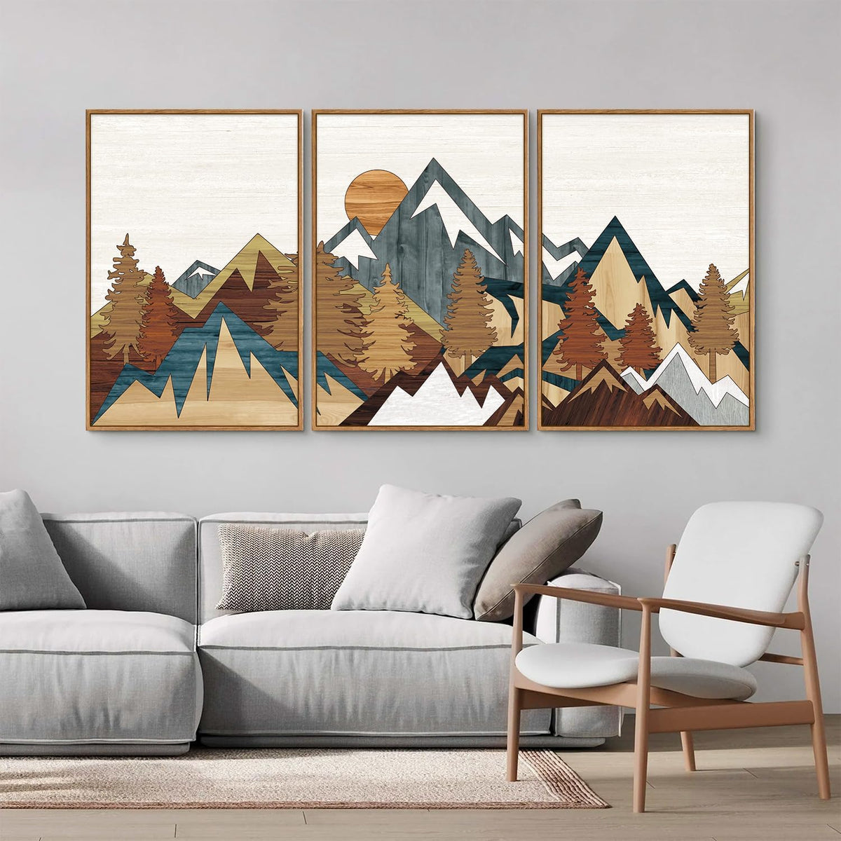 SIGNINART Vintage Mountain Framed Canvas Wall Art Set, Boho Sunrise Art Prints, Forest Nature
