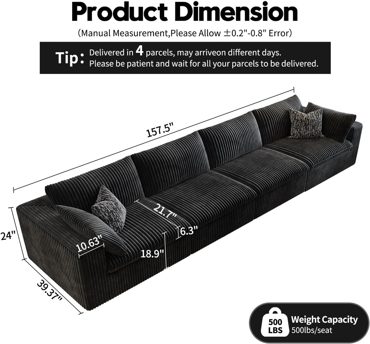 157.5" Cloud Couch Modular Sectional Sofa for Living Room,Modern Sofa with Deep Seat，4 Seater