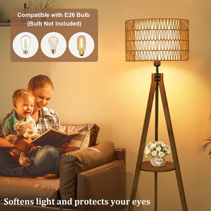 Boho Tripod Floor Lamps for Living Room, Rattan Wood Floor Lamp with Fabric Shades, Mid Century