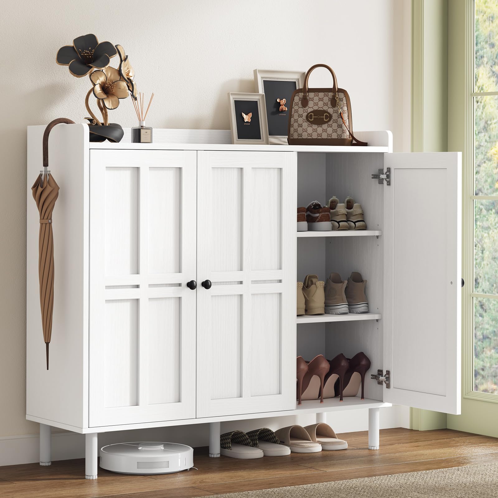ComfyCorner Shoe Cabinet with 3 Doors, Shoe Rack for Entryway, White