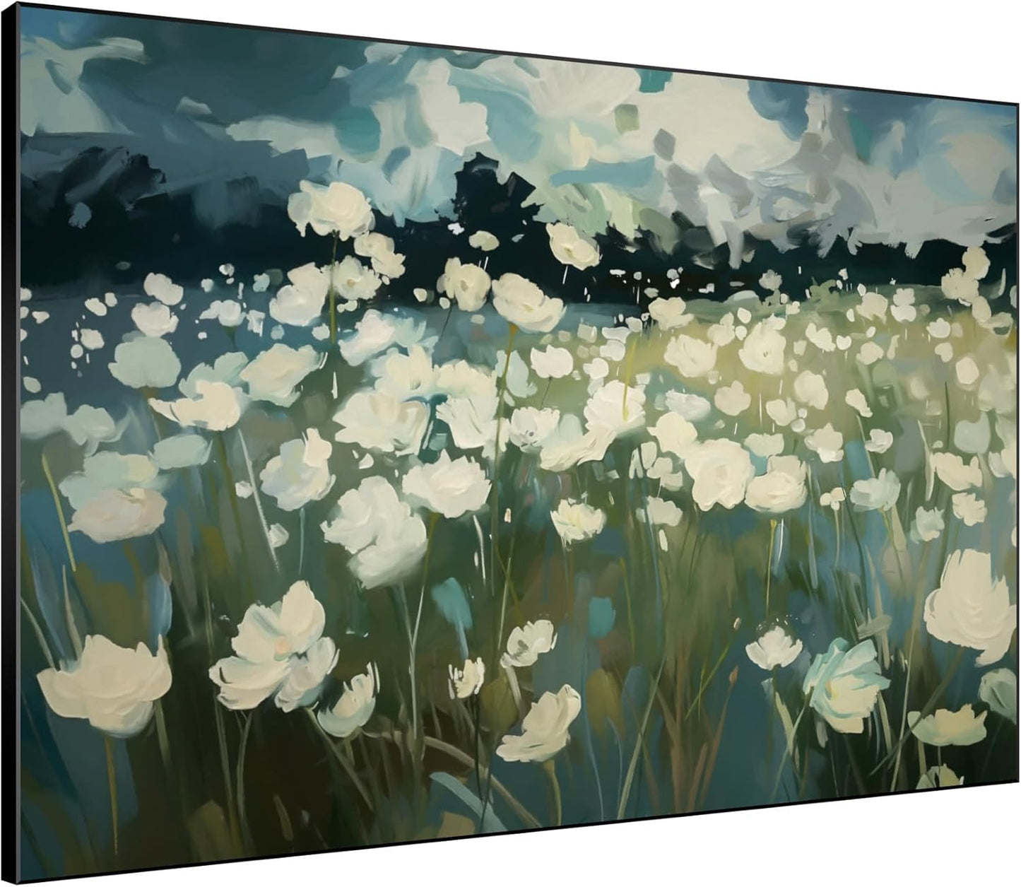 SIGNWIN 46"x60" Extra Large Framed Wall Art White Wildflower Field in Impressionist Style, Soft