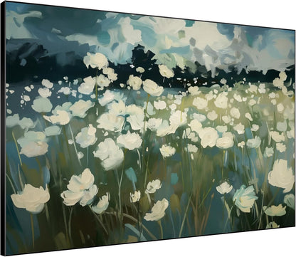 SIGNWIN 60"x72" Extra Large Framed Wall Art White Wildflower Field in Impressionist Style, Soft